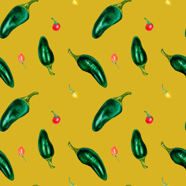 墨西哥胡椒和小辣椒。麻辣水彩无缝图案孤立在赭石上。图片下载