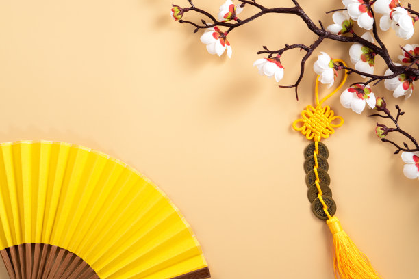 中国农历新年背景设计概念，以白梅花和节日装饰。图片下载