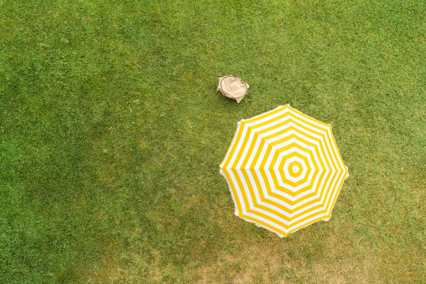 黄色的伞在绿色的草地上晒太阳。俯视图，无人机，鸟瞰图。图片下载