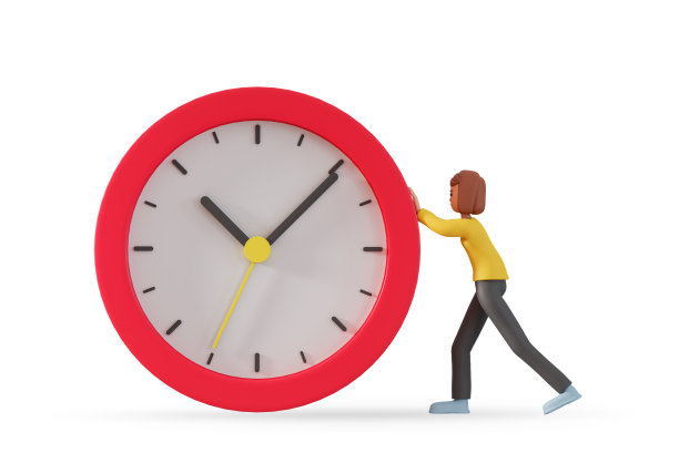 3d插图的妇女推动巨大的时钟孤立在白色背景。停止时间概念与3d成人女孩角色推动大钟。图片下载