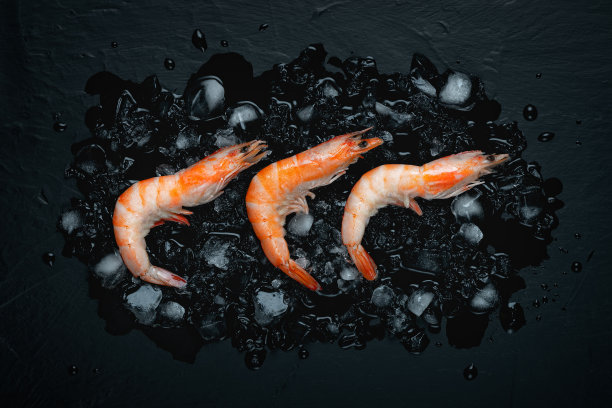 食物平面背景，虾和冰在黑色背景，俯视图图片下载