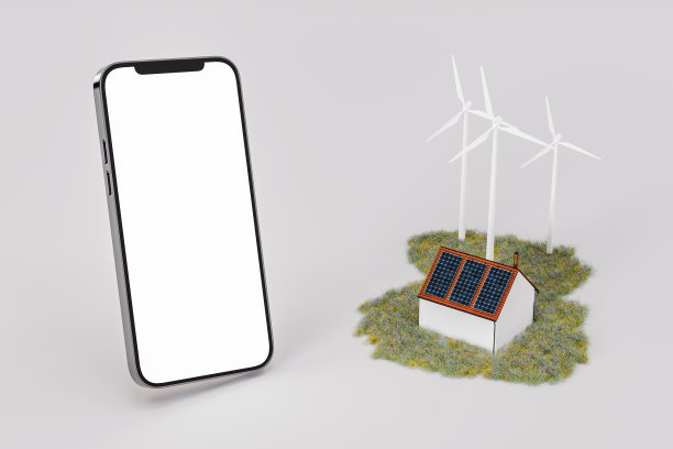 智能手机模型的3D渲染，白色背景上有太阳能电池板和风车的玩具房子图片下载