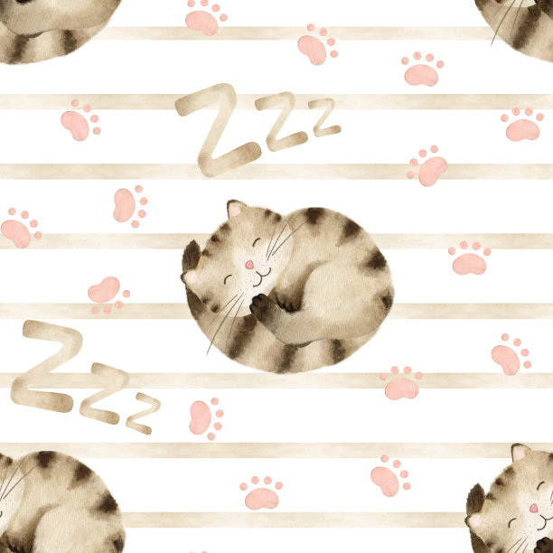 水彩无缝图案与可爱的棕色虎斑猫睡觉蜷缩和猫的脚印。手绘插图。背景为儿童房、纺织品、服装等设计图片下载