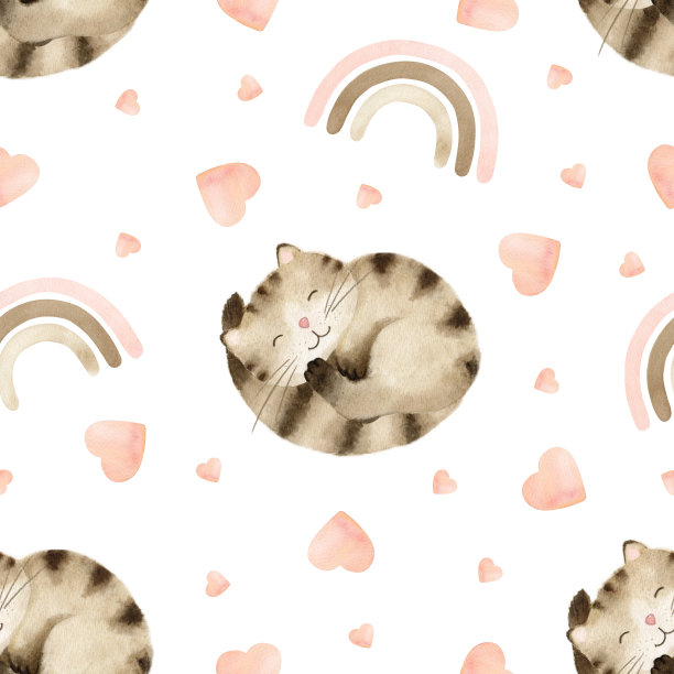 水彩无缝图案与可爱的棕色虎斑猫睡蜷缩，彩虹和爱心。手绘插图。背景为儿童房、纺织品、服装等设计图片下载