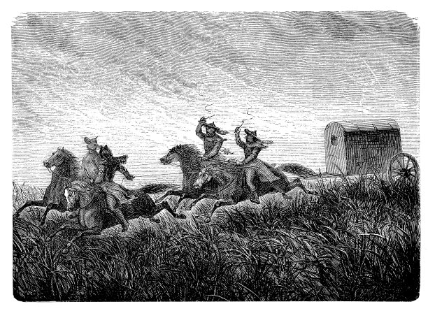 19世纪戈壁沙漠的邮政服务:在丝绸之路的草原上，信使骑马训练邮车，为快递服务服务图片下载