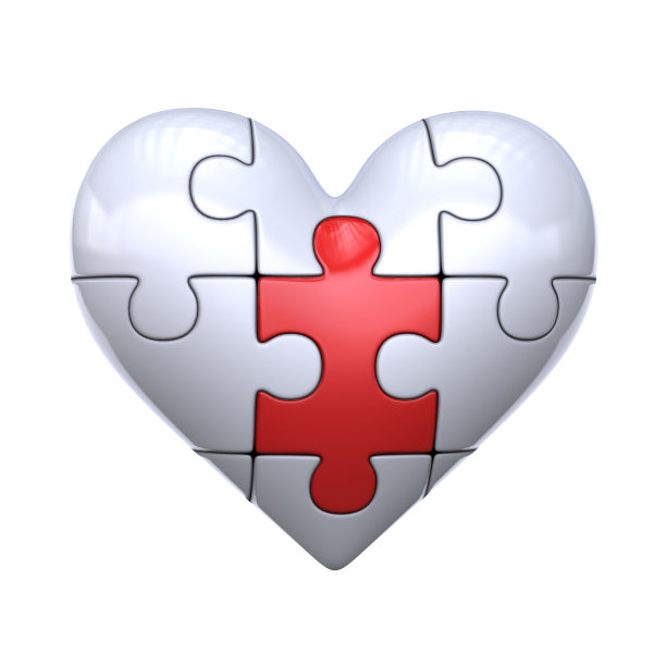 拼图3d心脏与一个红色块在白底3d渲染图片下载