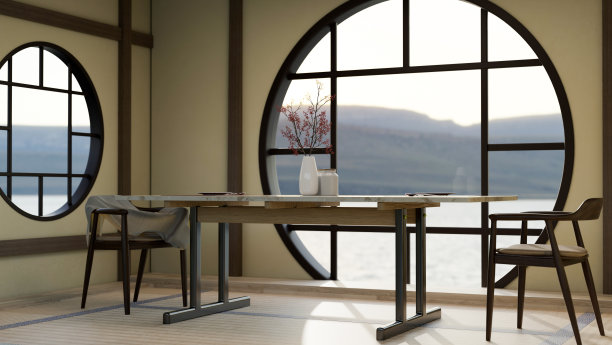 传统的中式或日式餐厅室内设计，配有餐桌和扶手椅图片下载