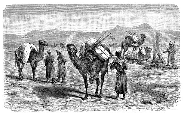 俄中特快邮政服务车队，配有骆驼，运送信件和包裹穿越沙漠图片下载