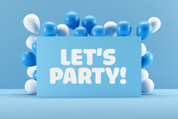 蓝色的标志框架与信息LET'S PARTY周围粉红色的气球。聚会邀请公告。图片下载