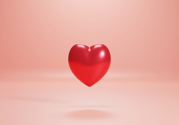 心形3D渲染红色最小背景情人节快乐。图片下载