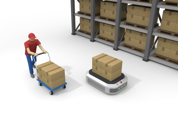 仓库工人:在仓库工作的人整理你的行李。自动运输的机器人。无人送货机。在工厂工作。图片下载