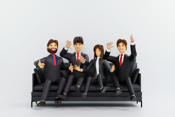 一群成功的商业团队快乐地坐在沙发上，自信地面对，准备工作，3D渲染。图片下载