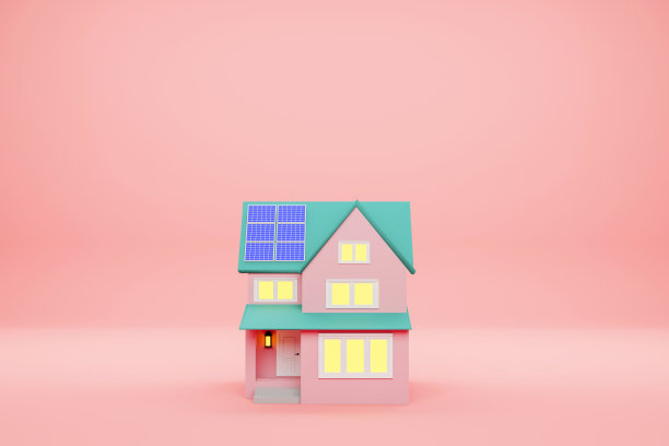 屋顶装有太阳能电池板的智能住宅。三维渲染模型图片下载