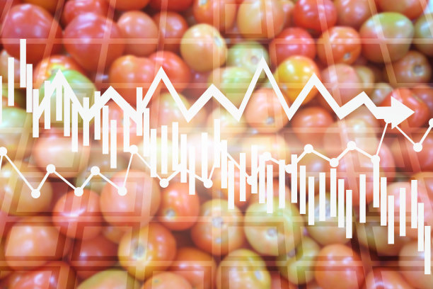 西红柿价格的经济危机。金融崩溃，股票价值下跌。曲线下降。经济危机。农业产量下降图片下载