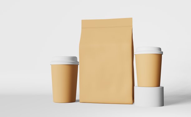 纸咖啡杯与白色盖子袋袋模型在讲台上3D渲染。咖啡店打折销售演示设计图片下载