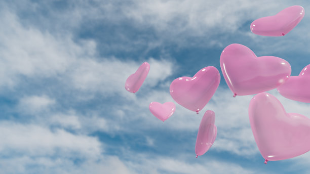 粉红色的心形气球在天空中自由飞行的3D插图图片下载