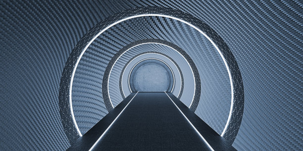 科幻霓虹灯黑暗走廊管弯曲通道未来科技隧道飞船空隧道房间与发光霓虹灯颜色背景3d插图图片下载