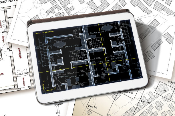 现代室内设计。概念与住宅公寓计划相对的想象地籍地图和平板电脑图片下载