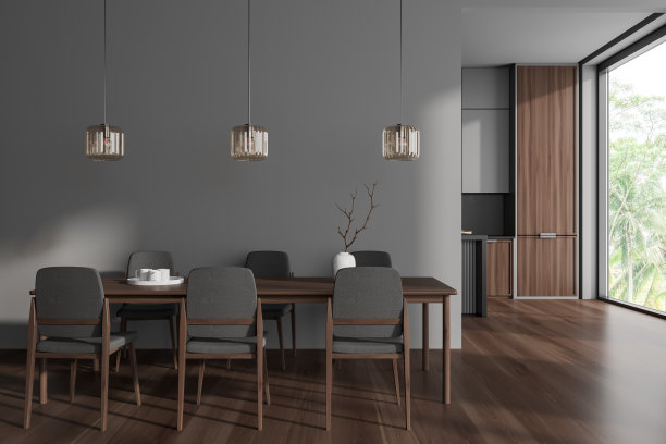 现代厨房内部有餐桌和烹饪空间，全景窗户图片下载