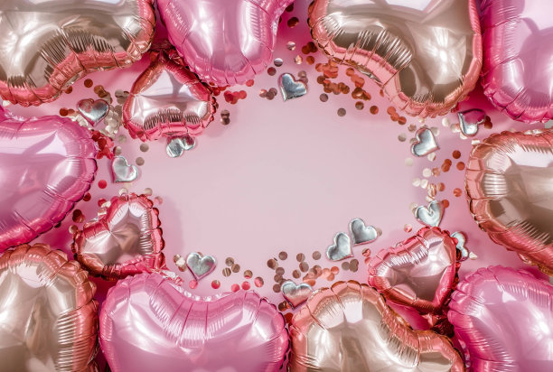 文本框架与粉红色和米色心形箔气球上的粉红色情人节背景视图。Copyspace。图片下载