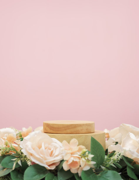 空木讲台米色玫瑰花束装饰在粉红色的背景与空间。美容化妆品和浪漫的情人节或母亲，寿星女爱情礼品产品目前现场展台展示。图片下载