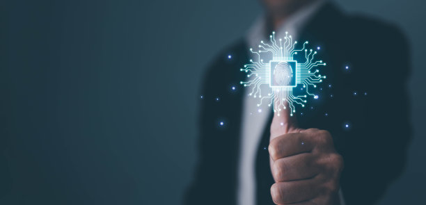 竖起大拇指，虚拟指纹扫描生物识别身份和访问密码。指纹技术用于安全系统和防范黑客的概念。图片下载