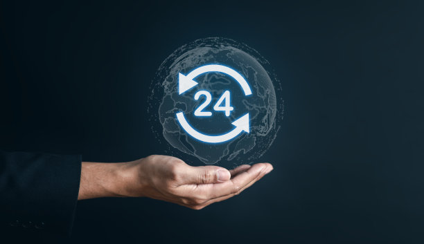 24小时不间断服务的概念。商人手握虚拟24/7与时钟在手的全球不间断和全职可用的服务概念联系。客户服务。图片下载