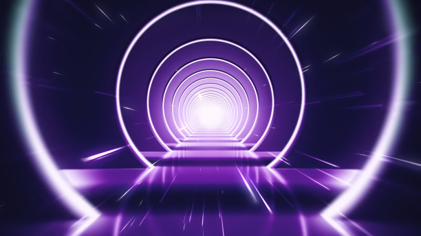 3d渲染，霓虹灯抽象背景，圆形门户，环形，圆形，虚拟现实，紫外光谱，激光秀，时尚领奖台，舞台，地板反射库存照片图片下载