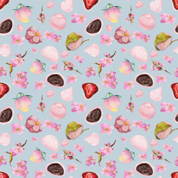 水彩无缝图案与手绘传统日本糖果。和果，麻糬，樱花。隔离在彩色背景上。请柬，餐厅菜单，贺卡，印刷品，纺织品图片下载