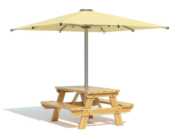 木制野餐桌与长凳，一件木制家具户外用餐隔离在白色背景3d渲染图片下载