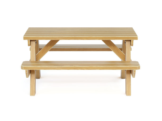 木制野餐桌与长凳，一件木制家具户外用餐隔离在白色背景3d渲染图片下载