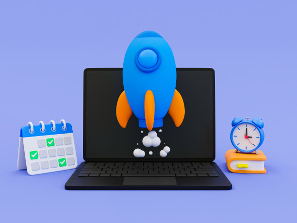 3d最小火箭发射。创业理念。任务开始。有火箭发射装置的笔记本电脑，日历，书，还有闹钟。三维渲染插图。图片下载