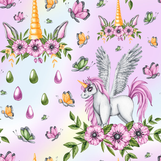 彩虹背景上独角兽的水彩图案图片下载