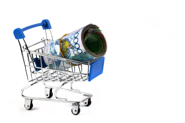 哈萨克斯坦纸币-坚戈在一个白色背景的微型购物车图片下载