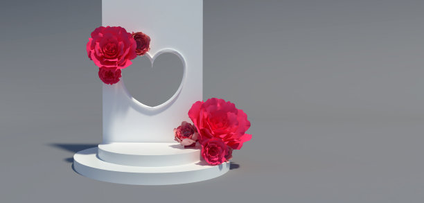 白色爱讲台或展示3D渲染盛开的玫瑰在豪华风格。图片下载