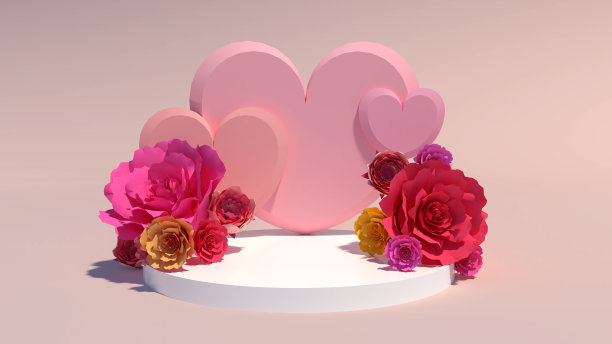 白色爱讲台或展示3D渲染盛开的玫瑰在豪华风格。图片下载