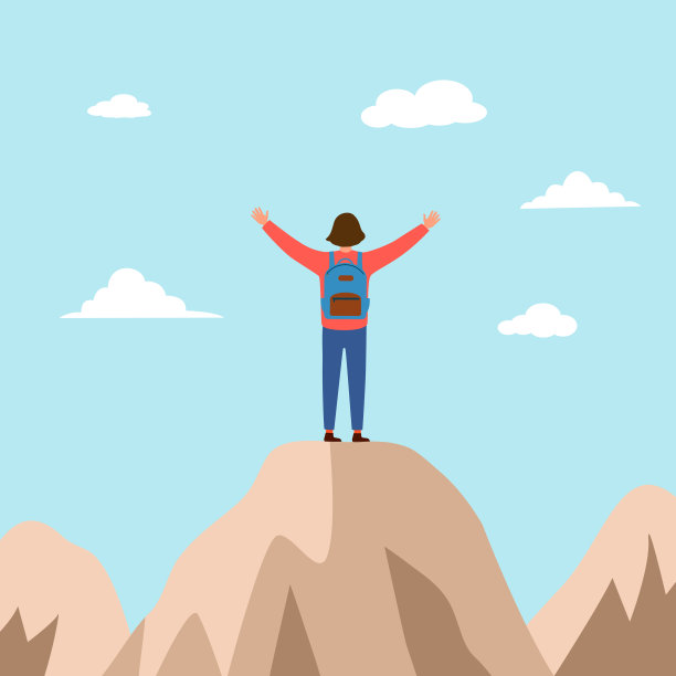 登山女子在平坦的山顶上庆祝她的成功。实现人生目标。图片下载