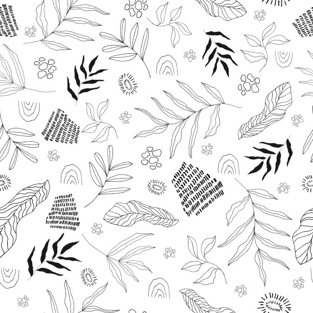 无缝的黑白背景与抽象的植被，树枝，树叶和元素在线性风格的轮廓。向量图片下载