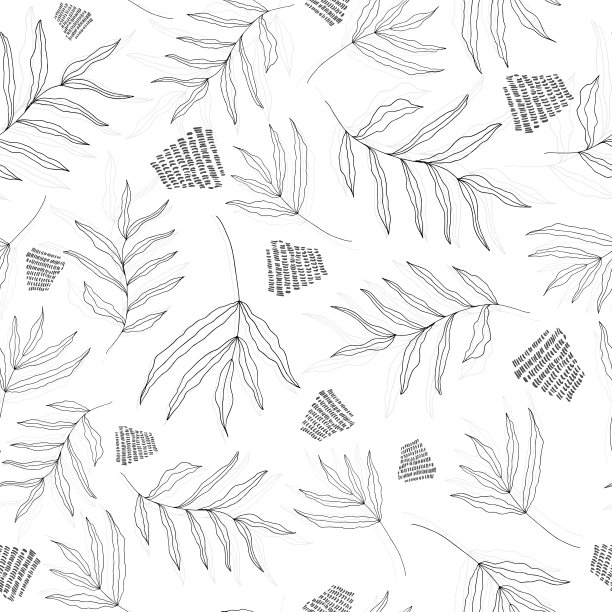 无缝的图案与抽象的黑白植被，树枝，树叶和元素在线性风格的轮廓。背景印刷，纺织品，网页设计，明信片。向量图片下载