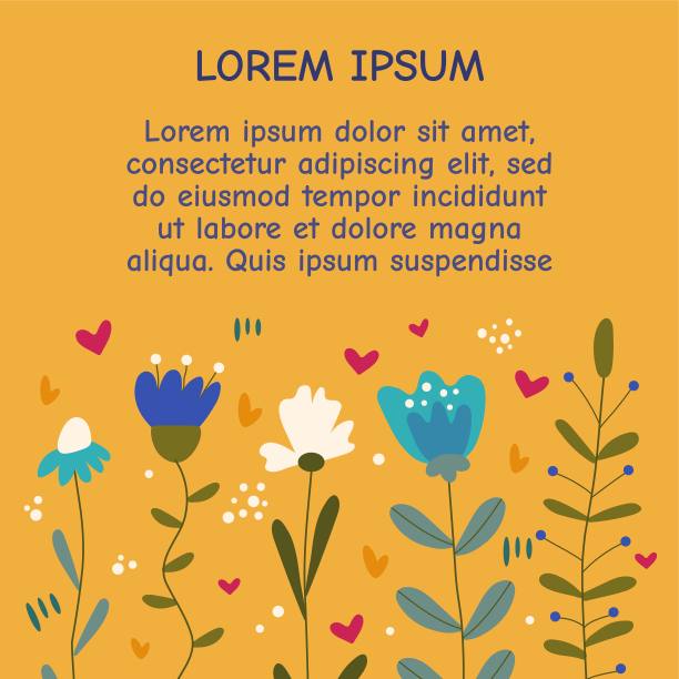 情人节快乐卡片，请柬，表白。正方形模板与花，树枝，心和文本。黄色背景上的矢量插图。图片下载