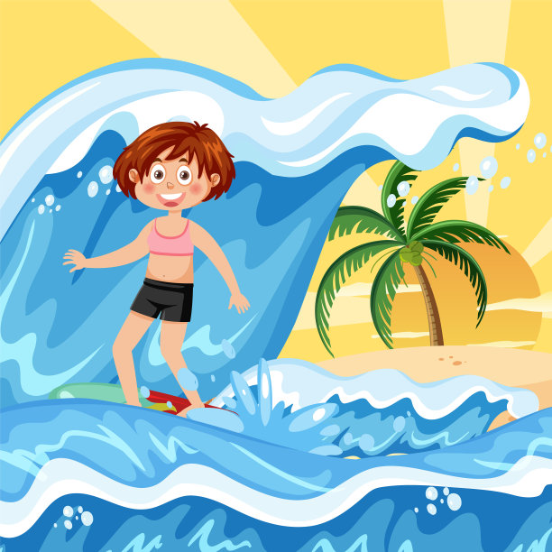 一个女孩在海滩冲浪的背景图片下载