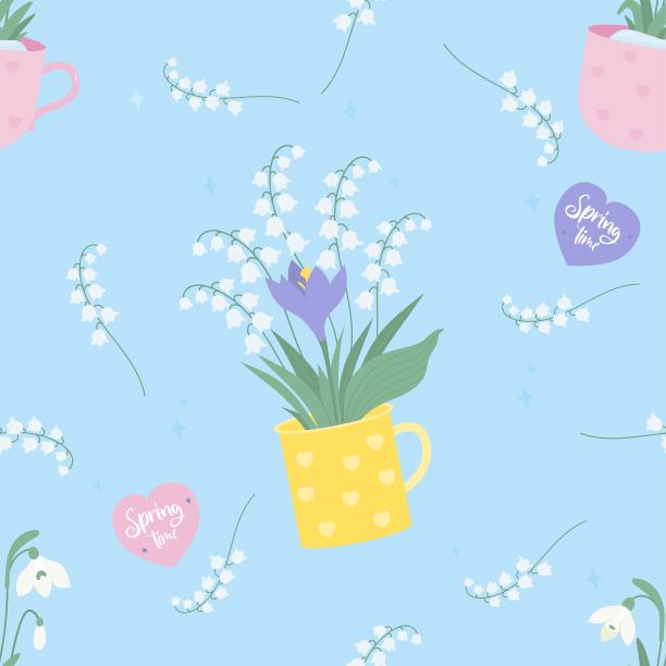 花卉无缝模式。在浅蓝色背景上的杯子里捧一束春天的百合和番红花。矢量插图。春光时节无尽的图案背景为设计、包装。图片下载
