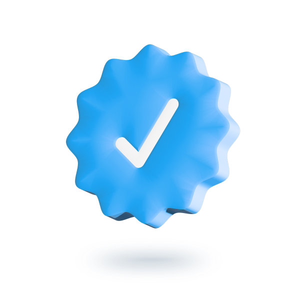 蓝色验证徽章，白色背景上隔离了复选标记。三维演示图片下载