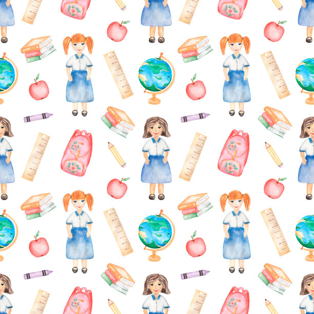 水彩手绘学校用品无缝图案，巴士，交通，树，校舍，女孩，背包，苹果，书，儿童学校用品，文具重复纸，教育图案，婴儿印花图片下载