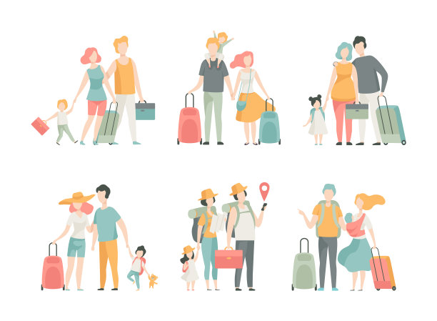 家庭旅行与孩子拉行李箱图片下载