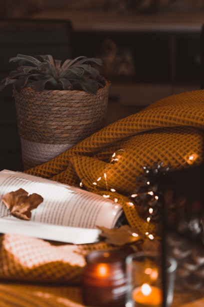 秋天的照片在桌子上与蜡烛图片下载