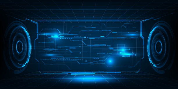 抽象的蓝色未来大厅实验室与数字高科技建筑周围。矢量插图。图片下载