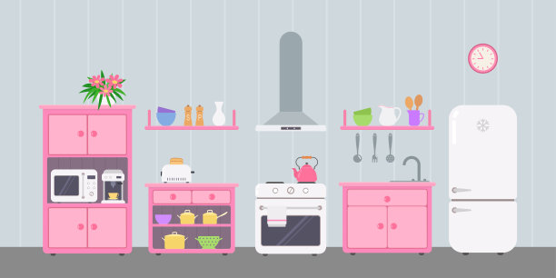 粉红色的厨房，用具和厨房用具。玩偶屋内部概念图片下载