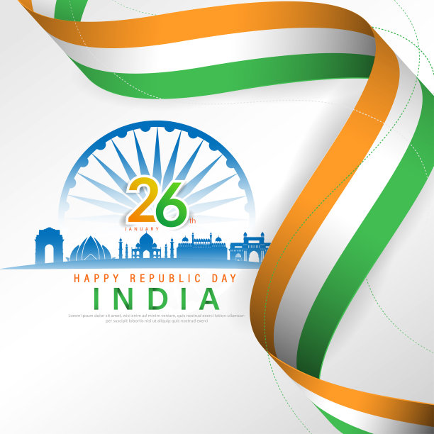 1月26日印度共和国日海报模板设计与印度国旗和轮廓的印度纪念碑。图片下载