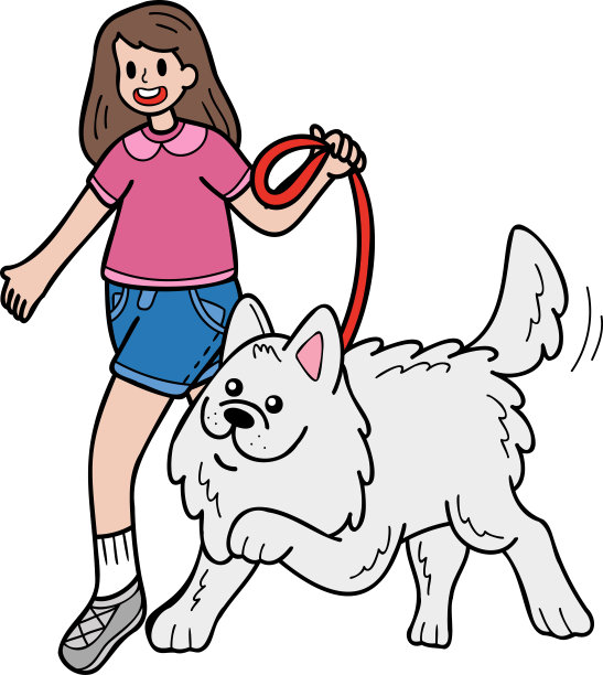 手绘萨摩耶犬与主人散步涂鸦风格插画图片下载